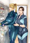  2girls blonde_hair blue_eyes breasts brown_hair crossover erect_nipples jill_valentine kitchen large_breasts metroid multiple_girls refrigerator resident_evil resident_evil_revelations samus_aran zero_suit 