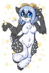  anthro blue_eyes blue_hair breasts caprine cloven_hooves featureless_breasts female fluffy fur goat grey_fur hair hooves horn kara_(trippledot) lovelesskiax mammal nude slightly_chubby solo spots star white_fur wide_hips 