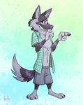  abstract_background absurd_res anthro artbirchly_(artist) barefoot canine chest_tuft clothed clothing disney ear_piercing fan_character fur grey_fur hi_res mammal open_shirt piercing plaid pointing purple_eyes purple_nose tuft wolf zootopia 