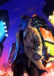  anthro city clothed clothing hair male mammal night outside racoonwolf sky solo standing trenchcoat 