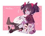  ;d absurdres ahoge black_hair black_legwear bow brown_footwear character_name extra_eyes food gla grey_skin highres insect_girl looking_at_viewer monster_girl muffet muffet's_pet muffin multiple_arms one_eye_closed open_mouth pink_background pink_bow puffy_sleeves short_hair short_twintails sitting smile spider_girl twintails undertale 