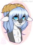  anthro blue_eyes blue_hair caprine fur goat grey_fur hair horn kara_(trippledot) male mammal muffinangel nude open_mouth smile solo white_fur 