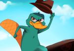  2018 4_fingers beak brown_eyes chest_tuft colored_sketch disney fedora fur green_fur hat head_tuft hi_res mammal monotreme outside perry_the_platypus phineas_and_ferb platypus siolasart sky solo tuft watermark yellow_beak 