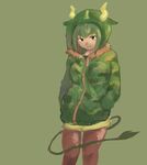  aurochs_(kemono_friends) camouflage_jacket fur_trim green_hair hands_in_pockets highres hood hoodie horns kajitsu_ohima kemono_friends pantyhose solo zipper 