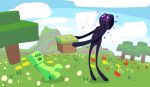  &lt;3 &lt;3_eyes 2018 4_legs aliasing blush creeper dirthut duo enderman flower green_body holding_object looking_aside minecraft mountain nervous not_furry open_mouth open_smile outside pink_sclera plant purple_body purple_eyes size_difference smile tree video_games 