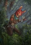  2018 5_fingers anthro arrow bow day detailed_background digital_drawing_(artwork) digital_media_(artwork) fur hair holding_object holding_weapon lagomorph latex_(artist) mammal outside rabbit red_eyes red_fur red_hair smile solo standing weapon 