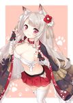  :3 animal_ears azur_lane bandages blush border breasts claw_pose claws cleavage cloak closed_mouth collar collarbone eyebrows_visible_through_hair feet_out_of_frame fingernails flower gloves hair_flower hair_ornament highres hip_vent japanese_clothes large_breasts long_fingernails long_hair looking_at_viewer mentai_mayo midriff miniskirt nail_polish navel outside_border panties paw_print pleated_skirt red_collar red_eyes red_nails red_skirt sarashi short_eyebrows side-tie_panties sideboob silver_hair simple_background skirt smile solo spiked_collar spikes thick_eyebrows thighhighs underwear v-shaped_eyebrows white_border white_legwear white_panties yuudachi_(azur_lane) zettai_ryouiki 