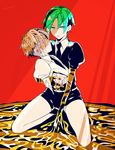  amputee androgynous antarcticite broken closed_eyes expressionless gem_uniform_(houseki_no_kuni) gold golden_arms green_eyes green_hair highres holding_person houseki_no_kuni looking_at_viewer multiple_others necktie one-eyed phosphophyllite red_background severed_torso short_hair shorts spoilers utenmp white_hair 