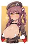  bangs belt belt_buckle beret bikini bikini_under_clothes black_gloves black_hat blush breast_hold breasts buckle cleavage collared_shirt eyebrows_visible_through_hair flower girls_frontline gloves hair_flower hair_ornament hair_tie hat huge_breasts kylin long_hair looking_at_viewer open_clothes open_shirt outside_border parted_lips purple_hair saiga-12_(girls_frontline) shirt side_ponytail solo sweat swimsuit upper_body white_bikini_top wide_sleeves yellow_eyes 
