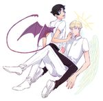  2boys angel_wings asuka_ryou black_hair black_pants blonde_hair blue_eyes demon_tail demon_wings devilman devilman_crybaby duo eyebrows fudou_akira halo multiple_boys open_mouth shirt shoes short_hair simple_background tail white_background white_pants white_shirt wings 