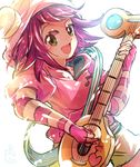  1girl artist_request bangs blush capcom child elbow_gloves fingerless_gloves green_eyes guitar heart hibiki_misora hood hoodie instrument musical_note open_mouth playing_instrument puffy_short_sleeves purple_hair rockman ryuusei_no_rockman short_hair shorts simple_background smile solo white_background 