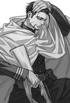  arm_up black_hair cape facial_hair facial_scar golden_kamuy greyscale gun hair_slicked_back hand_in_hair hand_on_head hand_on_own_head holding holding_gun holding_weapon komo_(sleepy) male_focus military military_uniform monochrome ogata_hyakunosuke rifle scar scar_on_cheek solo undercut uniform weapon 