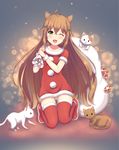  ;d ahoge animal_ears brown_cat brown_hair cat cat_ears christmas collarbone dress enokorogusa_(flower_knight_girl) eyebrows_visible_through_hair flower flower_knight_girl full_body fur_trim green_eyes hair_between_eyes hair_flaps hair_ornament head_tilt holding kneeling long_hair looking_at_viewer lying on_stomach one_eye_closed open_mouth poru_(naasan) red_dress red_footwear red_legwear sack santa_costume short_sleeves smile thighhighs very_long_hair white_cat x_hair_ornament 