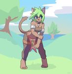  5_fingers 5_toes :3 anthro barefoot bent_over blue_eyes blue_sky brown_fur brown_nose brown_tail clothed clothing cloud collar day eyebrows feline female front_view fully_clothed fur grass green_hair hair hi_res holding_arm inner_ear_fluff loincloth long_hair looking_away mammal midriff mysaryl_(verdantdargon) navel outside pants pigeon_toed qualzar sea sky smile solo standing tail_tuft toes tree tuft v_sign water 