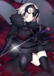  armor armored_dress black_dress black_gloves black_legwear breasts chain dress fate/grand_order fate_(series) flag fur_trim gauntlets gloves headpiece highres jeanne_d'arc_(alter)_(fate) jeanne_d'arc_(fate)_(all) large_breasts looking_at_viewer nezumidoshi short_hair silver_hair solo sword thighhighs weapon yellow_eyes 