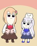  :3 angora_rabbit animal bangs bkub_(style) blue_footwear blue_neckwear blue_skirt blue_vest boots bow bowtie brown_footwear brown_legwear bunny clenched_teeth closed_mouth commentary dark_skin eyebrows_visible_through_hair gochuumon_wa_usagi_desu_ka? hair_between_eyes hair_ornament hoto_cocoa kafuu_chino light_brown_hair long_hair long_sleeves massala multiple_girls pantyhose pink_neckwear pink_vest poptepipic purple_eyes rabbit_house_uniform shirt skirt standing teeth tippy_(gochiusa) uniform very_long_hair vest waitress white_legwear white_shirt x_hair_ornament 