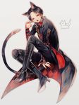  :o abandon_ranka animal_ears boots brown_hair cat cat_ears cat_tail coat extra_ears high_heel_boots high_heels kashuu_kiyomitsu kemonomimi_mode male_focus mole mole_under_mouth nail_polish paw_pose ponytail red_eyes red_nails scarf sitting tail touken_ranbu 