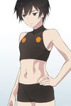  akagi_(fmttps) black_hair cowboy_shot crop_top darling_in_the_franxx gradient gradient_background green_eyes hand_on_hip highres hiro_(darling_in_the_franxx) looking_away male_focus midriff navel shorts simple_background solo 