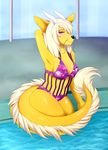  anthro black_nose breasts clothed clothing digital_media_(artwork) dragon eastern_dragon female hair horn one-piece_swimsuit partially_submerged purple_eyes rayray72 sitting smile swimming_pool swimsuit white_hair 
