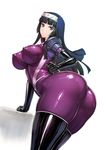  ass black_hair blush bodysuit boots breasts commentary_request covered_nipples elbow_gloves gloves habit kamori_sayaka large_breasts latex long_hair looking_at_viewer nun original purple_eyes rindou_(radical_dream) shiny shiny_clothes skin_tight solo thigh_boots thighhighs thighs 