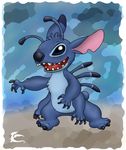  3_toes 4_arms 4_fingers alien antennae back_spines blue_claws blue_eyes blue_fur blue_nose border chest_tuft claws dipstick_antennae disney experiment_(species) fur head_tuft lilo_and_stitch looking_at_viewer lordzasz multi_arm multi_limb notched_ear simple_background small_tail stitch toes tuft white_border 