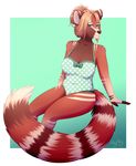  breasts brown_fur brown_nose clothed clothing digital_media_(artwork) eyelashes female fur green_eyes mammal one-piece_swimsuit rayray72 red_panda simple_background sitting smile swimsuit 