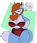  2018 alternate_species anthro arnachy big_breasts breasts brown_hair canine clothing collar dialogue dipstick_tail english_text female fox geeflakes_(character) gloves_(marking) hair hair_over_eye hand_on_hip hi_res licking licking_lips lingerie long_hair looking_at_viewer mammal markings multicolored_tail navel pink_nose solo text tongue tongue_out yellow_eyes 