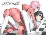  :q aqua_eyes ass between_legs blue_hair blush bodysuit breasts closed_mouth commentary_request copyright_name darling_in_the_franxx eyebrows_visible_through_hair eyes_visible_through_hair from_behind green_eyes hair_ornament hair_over_one_eye hairband hairclip horns ichigo_(darling_in_the_franxx) licking_lips long_hair looking_at_another looking_at_viewer looking_back lying medium_breasts multiple_girls on_back on_person pilot_suit pink_hair red_bodysuit reinama shiny shiny_clothes shiny_hair short_hair skin_tight smile tongue tongue_out wavy_mouth white_bodysuit zero_two_(darling_in_the_franxx) 