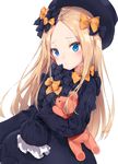  :t abigail_williams_(fate/grand_order) bangs black_bow black_dress black_hat blonde_hair blue_eyes blush bow bug butterfly closed_mouth dress eyebrows_visible_through_hair fate/grand_order fate_(series) forehead hair_bow hat head_tilt highres insect long_hair long_sleeves looking_at_viewer minikon object_hug orange_bow parted_bangs polka_dot polka_dot_bow pout simple_background sleeves_past_fingers sleeves_past_wrists solo stuffed_animal stuffed_toy teddy_bear very_long_hair white_background 