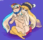  2girls absurdres artist_name badguyvivi beanie black_hat blonde_hair blue_hair blush breasts collarbone domino_mask eye_contact eyebrows_visible_through_hair female flying_sweatdrops full_body hands_together hands_up hat heart heart-shaped_boob_challenge highres inkling kneehighs kneeling long_hair looking_to_the_side multiple_girls navel nervous nude one_eye_closed purple_background red_eyes red_legwear shiny_skin signature simple_background sitting small_breasts smile splatoon teeth tentacle_hair text thighhighs twintails twitter_username wink yellow_eyes yellow_legwear 