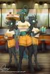  anthro big_breasts breasts changeling clothed clothing fangs female food friendship_is_magic group hair hole_(anatomy) inside long_hair looking_at_viewer my_little_pony omny87 queen_chrysalis_(mlp) restaurant shirt shorts smile t-shirt waiter 