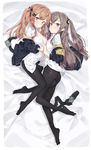  :o :q armband ass bed_sheet between_legs black_legwear blush breasts bright_pupils brown_eyes brown_hair collared_shirt dress_shirt facial_scar from_above full_body girls_frontline hair_ornament hairclip highres holding_hands interlocked_fingers jacket kylin long_hair long_sleeves looking_at_viewer looking_to_the_side lying multiple_girls naughty_face no_bra no_shoes nose_blush off_shoulder on_side one_side_up open_clothes open_jacket open_shirt orange_hair pantyhose parted_lips red_eyes scar scar_across_eye shiny shiny_clothes shiny_hair shirt siblings sisters small_breasts tongue tongue_out twintails ump45_(girls_frontline) ump9_(girls_frontline) white_shirt wing_collar yuri 