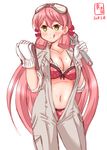  akashi_(kantai_collection) artist_logo bra breasts cleavage clipboard commentary_request contrapposto cowboy_shot dated frilled_bra frills gloves goggles goggles_on_head green_eyes hair_ribbon highres jumpsuit kanon_(kurogane_knights) kantai_collection large_breasts long_hair navel open_clothes panties pink_hair polka_dot polka_dot_bra polka_dot_panties red_bra red_panties ribbon simple_background solo standing tongue tongue_out tress_ribbon underwear white_background wrench 
