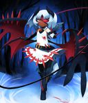  ars_goetia bandages belt blood bloody_clothes commentary_request crossed_legs dark_skin demon_girl demon_horns demon_wings eyepatch fantasy feathered_wings highres horns impaled kamukamu6392 monster_girl multiple_wings original red_wings skirt solo spikes tail whip white_hair wings wolf_tail yellow_eyes 