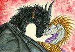  2016 black_scales blue_eyes dragon feathered_wings feathers green_eyes horn membranous_wings scales smile tir-goldeness traditional_media_(artwork) wings 