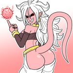  2018 alien android_21 butt dragon_ball dragon_ball_fighterz ear_piercing female hair humanoid jewelry long_hair looking_back majin majin_android_21 not_furry piercing pink_body pink_skin pointy_ears red_eyes shameful-display smile solo white_hair 