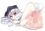 ass barefoot blue_eyes blush hat hibiki_(kancolle) kantai_collection long_hair oyumaru0 panties underwear white white_hair 
