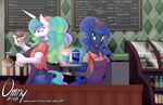  anthro apron beverage bottle clothed clothing coffee_shop cosmic_hair counter cup duo english_text equine female food friendship_is_magic hair horn inside mammal menu muffin multicolored_hair my_little_pony omny87 open_mouth pen princess_celestia_(mlp) princess_luna_(mlp) purple_eyes sign teal_eyes text tray unicorn 