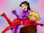  2girls ass bent_over black_hair blonde_hair blue_eyes bodysuit breasts clover_(totally_spies) crying eldee23 high_heels long_hair mandy_(totally_spies) multiple_girls naughty_face purple_eyes short_hair spandex spanked spanking star totally_spies yuri 