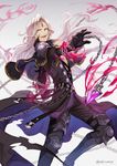  :d akizuno armor black_gloves black_jacket black_pants capelet chain ezecrain floating_hair forehead_jewel from_side gloves gradient gradient_background granblue_fantasy jacket long_hair male_focus open_mouth outstretched_arm pants shirt silver_eyes silver_hair smile solo twitter_username very_long_hair 