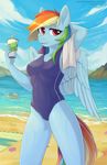  2018 anthro anthrofied beach clothing digital_media_(artwork) equine feathered_wings feathers female fensu-san friendship_is_magic hair hand_behind_head hi_res holding_object looking_at_viewer mammal multicolored_hair my_little_pony one-piece_swimsuit outside pegasus rainbow_dash_(mlp) rainbow_hair seashell seaside solo swimsuit water wings 