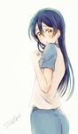  absurdres bangs blue_hair blue_pajamas blush commentary_request from_side hair_between_eyes highres long_hair looking_at_viewer love_live! love_live!_school_idol_project pajamas pout signature simple_background solo sonoda_umi suito white_background yellow_eyes 