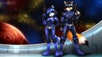  2018 abluedeer anthro armor blue_hair canine clothed clothing digital_media_(artwork) dipstick_tail duo female fox gun hair holding_object holding_weapon krystal male mammal multicolored_tail nintendo ranged_weapon smile standing star_fox video_games weapon 