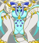  belly big_breasts blue_hair blue_skin breasts canastus claws deity dragon dragon_ball dragonball_gt female hair horn lipstick long_hair long_tail looking_at_viewer makeup monster_girl_(genre) multicored_eyes navel nipples nude oceanus_shenron scales smile solo transformation white_hair wide_hips wings 