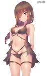  armpits bangs bare_shoulders bikini black_bikini blunt_bangs blush braid breasts brown_eyes brown_hair cleavage closed_mouth cowboy_shot dated eyebrows_visible_through_hair girls_frontline halterneck highres light_particles long_hair looking_at_viewer m16a1_(girls_frontline) medium_breasts mole mole_under_eye navel red_hair simple_background single_braid smile solo standing stomach swimsuit thigh_strap thighs white_background xanax025 