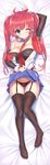  absurdres ahoge arm_behind_head azur_lane bangs bare_shoulders between_breasts black_legwear black_panties black_shirt blue_eyes blue_skirt blush breasts bridal_gauntlets cleavage collar dakimakura eyebrows_visible_through_hair full_body garter_straps grin highres kiba_satoshi large_breasts lifted_by_self long_hair looking_at_viewer lying miniskirt necktie necktie_between_breasts nipple_slip nipples on_back one_eye_closed open_clothes open_shirt panties red_hair red_neckwear san_diego_(azur_lane) shirt shirt_pull skirt skirt_lift smile solo strapless thighhighs twintails underwear white_shirt 