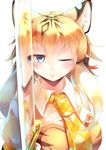  absurdres animal_ears blonde_hair blue_eyes commentary eyebrows_visible_through_hair hair_between_eyes hair_ribbon highres kanzakietc kemono_friends long_hair looking_at_viewer necktie one_eye_closed reflection ribbon shirt smilodon_(kemono_friends) solo sword tiger_ears upper_body weapon 