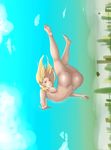  1girl artist_request ass bare_shoulders barefoot blonde_hair blush breasts curvy dark_skin falling female gravity_daze kitten_(gravity_daze) long_hair nude shiny shiny_skin smile 