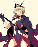  artoria_pendragon_(all) artoria_pendragon_(swimsuit_rider_alter) black_gloves blonde_hair breasts cape cleavage crown fate/grand_order fate_(series) gloves highres medium_breasts navel navel_cutout pointy_ears sketch solo sword takatsuki_nato thighs weapon yellow_eyes 