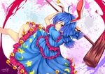  ahoge ambiguous_red_liquid animal_ears bare_legs blue_dress blue_hair bunny_ears chikuwa_savi crescent dress ear_clip frilled_dress frills holding kine long_hair low_twintails mallet multi-tied_hair parted_lips pink_eyes revision seiran_(touhou) short_sleeves solo teeth touhou twintails 